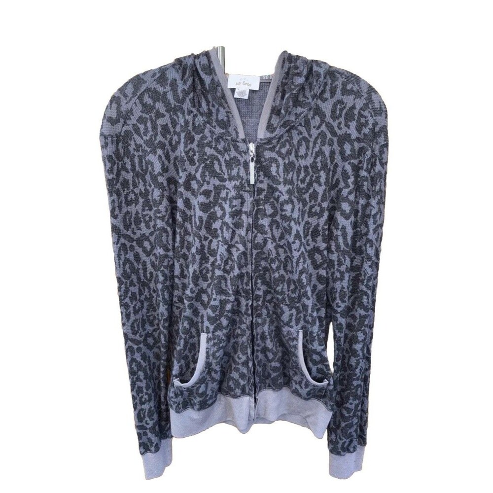 So Low Women Jacket Gray Animal Print Zip L Animal Print Pockets Hooded Waffle